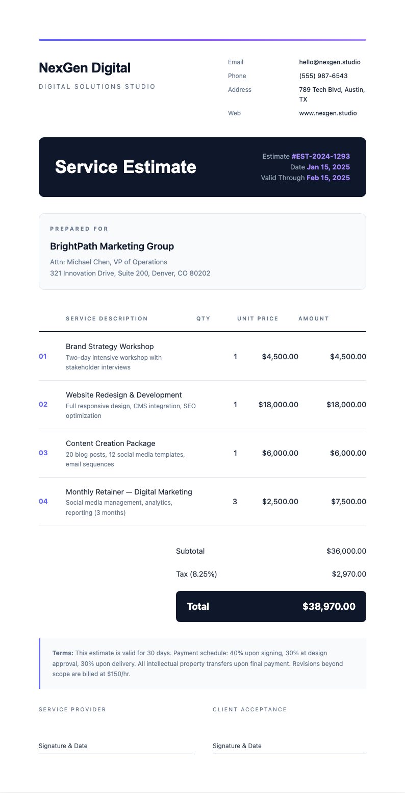 Bold contemporary service estimate